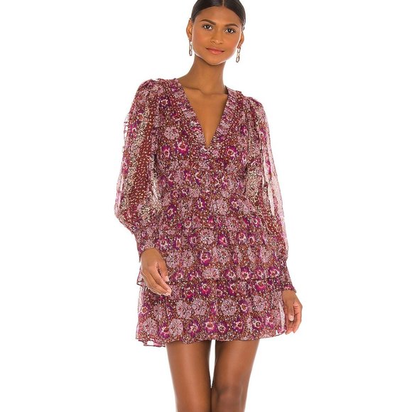 Ulla Johnson Brisa Mini Dress Sz 0 Claret Patchwork Ruffle Metallic V-NeckUlla J - Picture 4 of 14